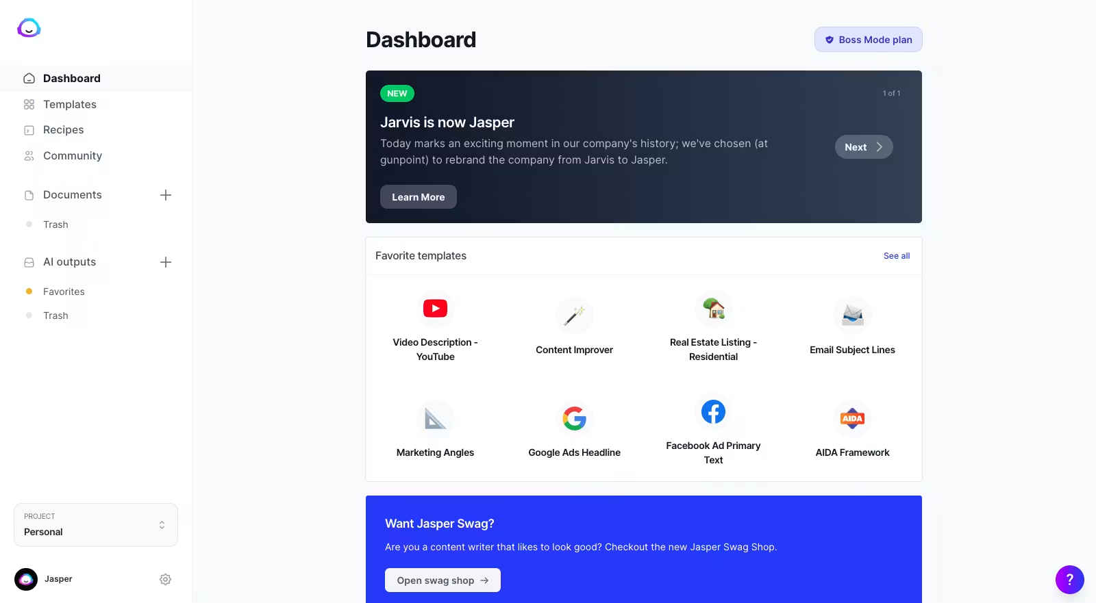 Jasper AI dashboard