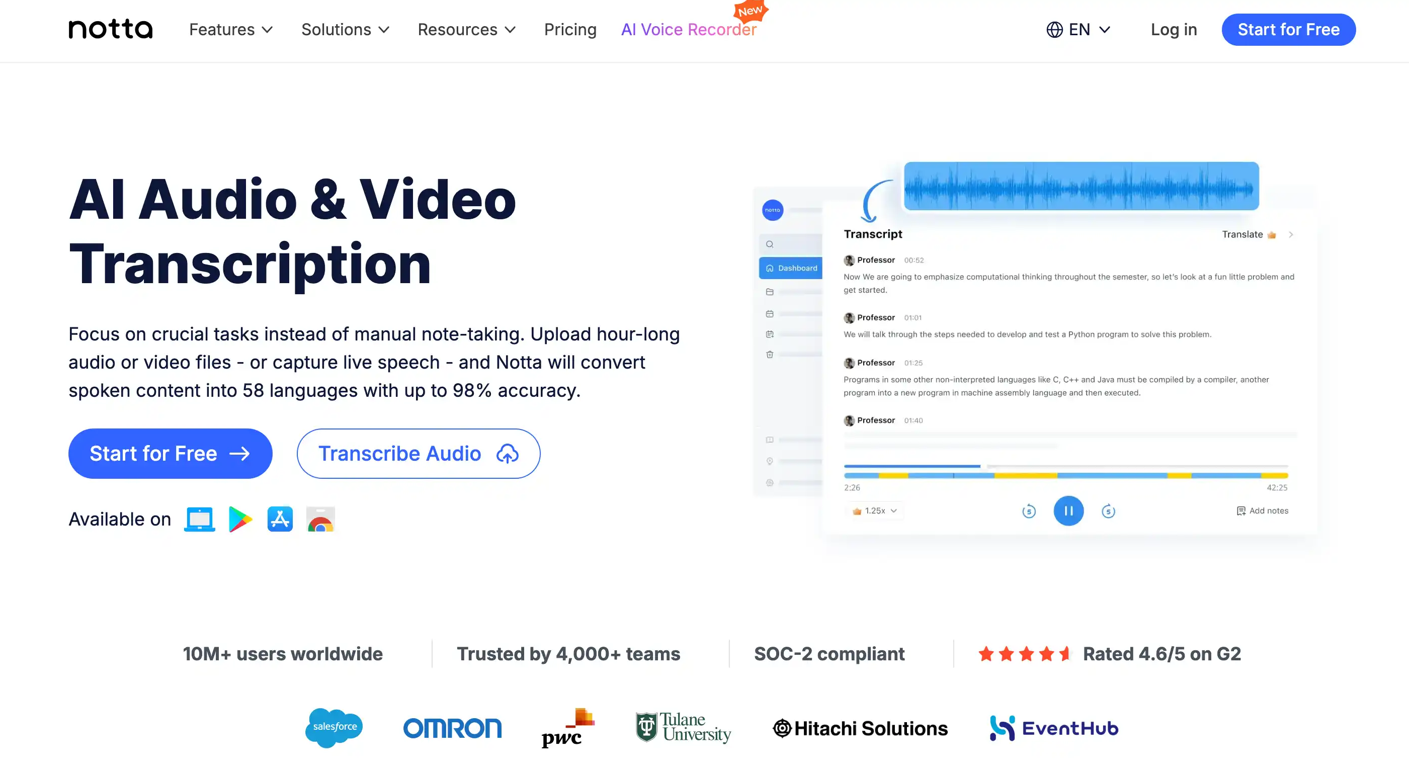 Notta real-time transcription interface